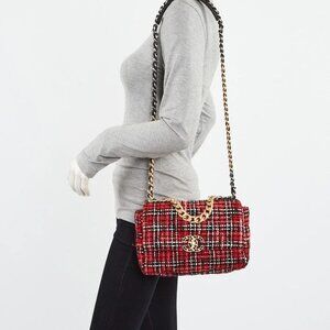 Chanel Red/Black Quilted Tweed Small Chanel 19 Bag